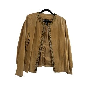 Dialogue Tan Leopard Animal Print Panel Button Up Leather Jacket Womens Size XL